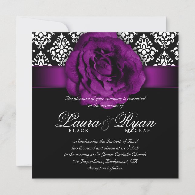 Elegant Wedding Damask Purple Rose Black White Invitation (Front)