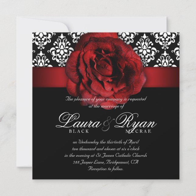 Elegant Wedding Damask Red Rose Black White Invitation (Front)