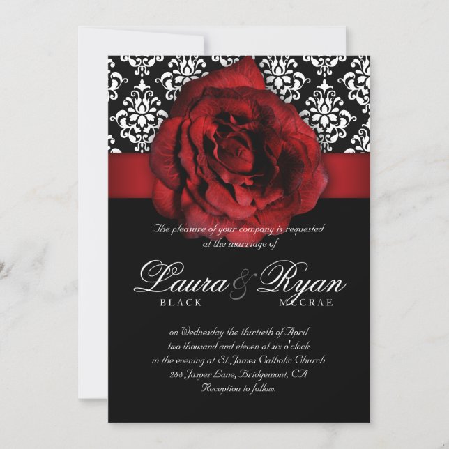 Elegant Wedding Damask Red Rose Black White Invitation (Front)