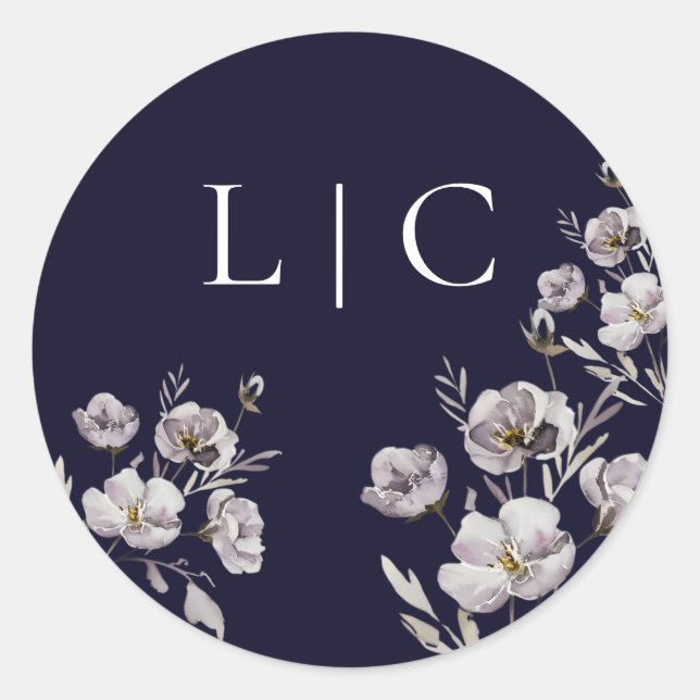 Elegant wedding dark navy watercolor flower classic round sticker (Front)