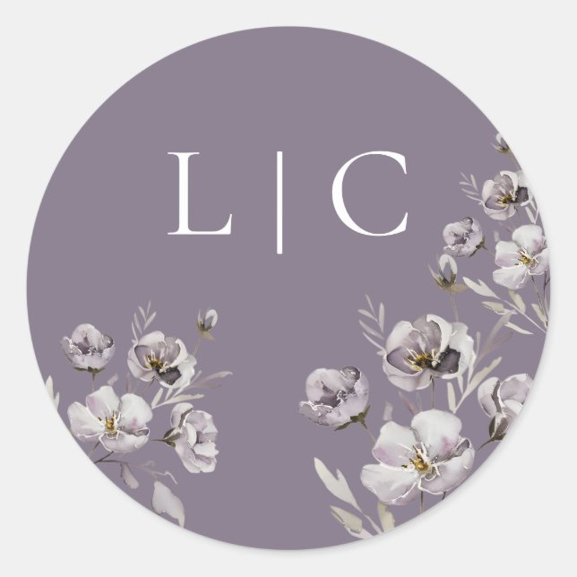 Elegant wedding dark purple watercolor flower classic round sticker (Front)