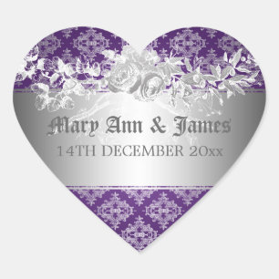 Elegant Wedding Date Baroque Flourish Purple Heart Sticker