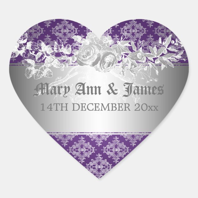 Elegant Wedding Date Baroque Flourish Purple Heart Sticker (Front)
