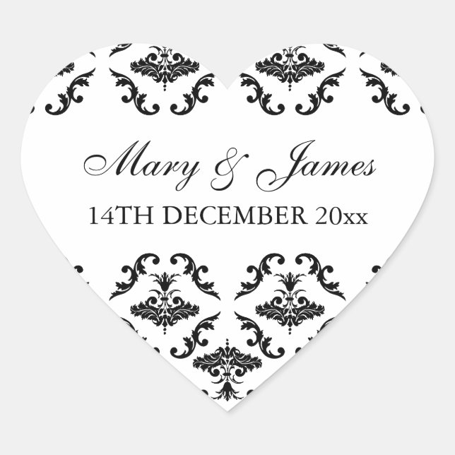 Elegant Wedding Date Black Damask Heart Sticker (Front)