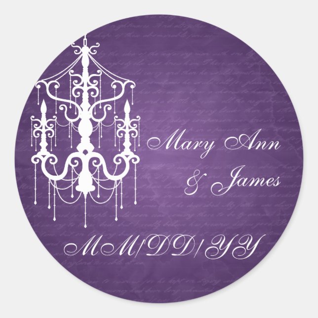Elegant Wedding Date Chandelier Purple Classic Round Sticker (Front)