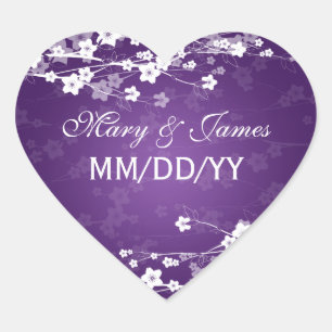 Elegant Wedding Date Cherry Blossom Purple Heart Sticker