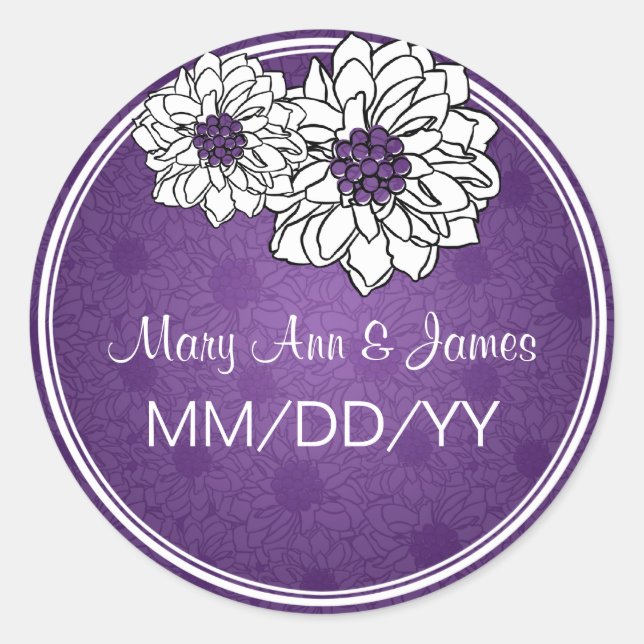 Elegant Wedding Date Dahlia Floral Purple Classic Round Sticker (Front)