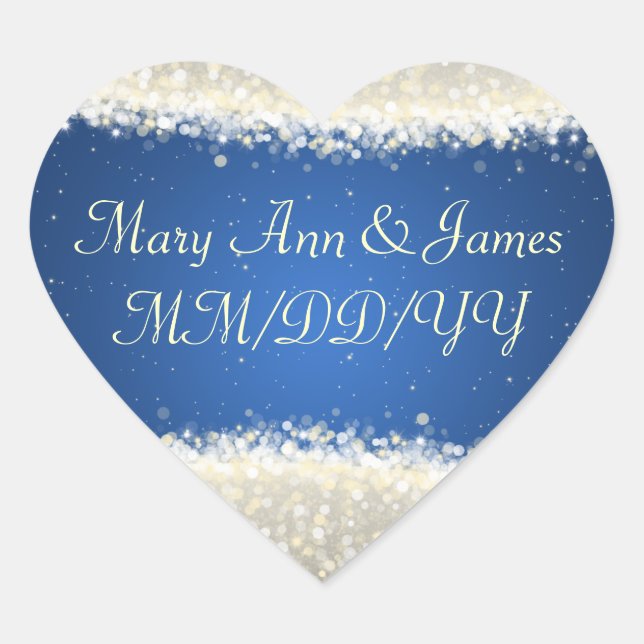 Elegant Wedding Date Dazzling Sparkles Blue Heart Sticker (Front)