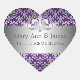 Elegant Wedding Date Fleur De Lis Purple Heart Sticker