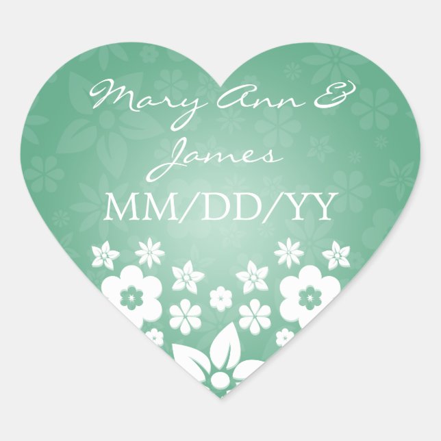 Elegant Wedding Date Flowery Heart Mint Green Heart Sticker (Front)