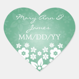 Elegant Wedding Date Flowery Heart Mint Green Heart Sticker