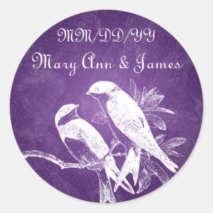 Elegant Wedding Date Love Birds Purple Classic Round Sticker