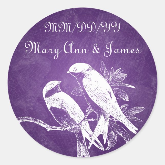 Elegant Wedding Date Love Birds Purple Classic Round Sticker (Front)