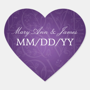 Elegant Wedding Date Love Flourish Purple Heart Sticker
