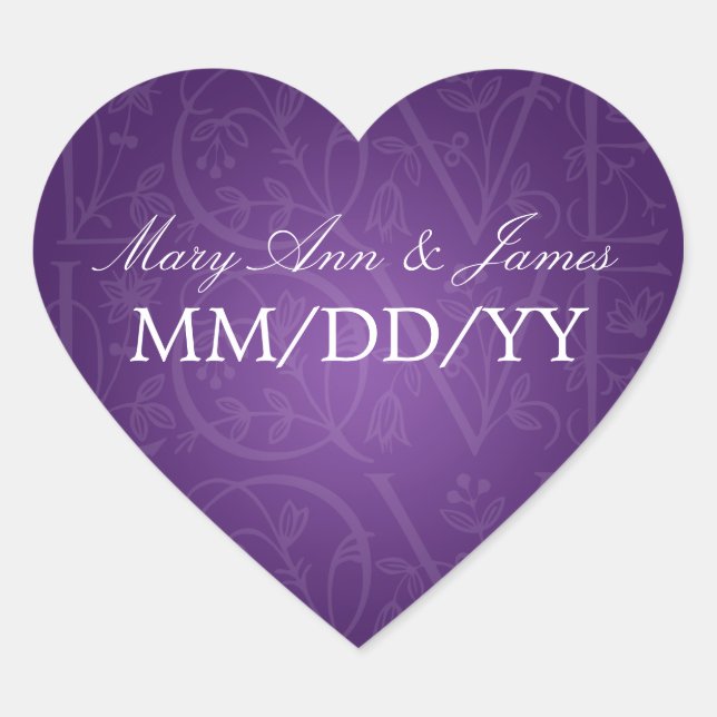 Elegant Wedding Date Love Flourish Purple Heart Sticker (Front)
