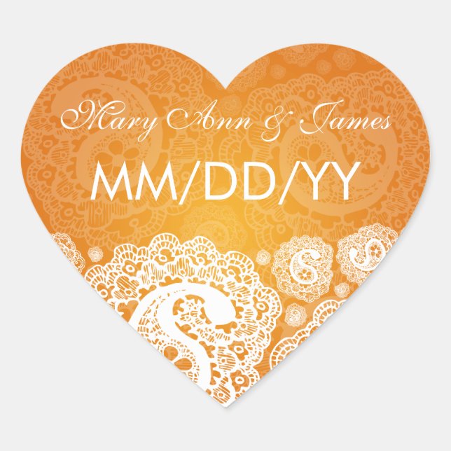Elegant Wedding Date Paisley Lace Orange Heart Sticker (Front)