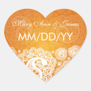Elegant Wedding Date Paisley Lace Orange Heart Sticker