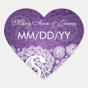 Elegant Wedding Date Paisley Lace Purple Heart Sticker