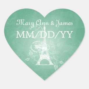 Elegant Wedding Date Romantic Paris Mint Green Heart Sticker