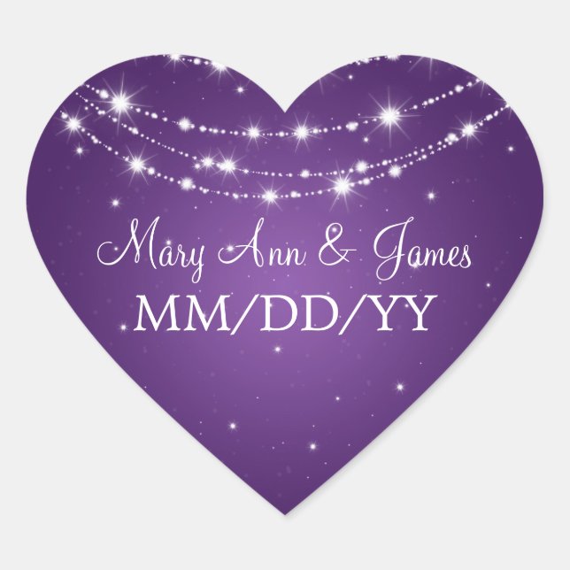 Elegant Wedding Date Sparkling Chain Purple Heart Sticker (Front)