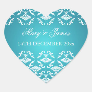 Elegant Wedding Date Vintage Damask Blue Heart Sticker