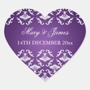 Elegant Wedding Date Vintage Damask Purple Heart Sticker