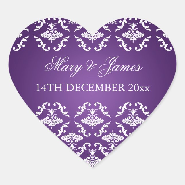 Elegant Wedding Date Vintage Damask Purple Heart Sticker (Front)