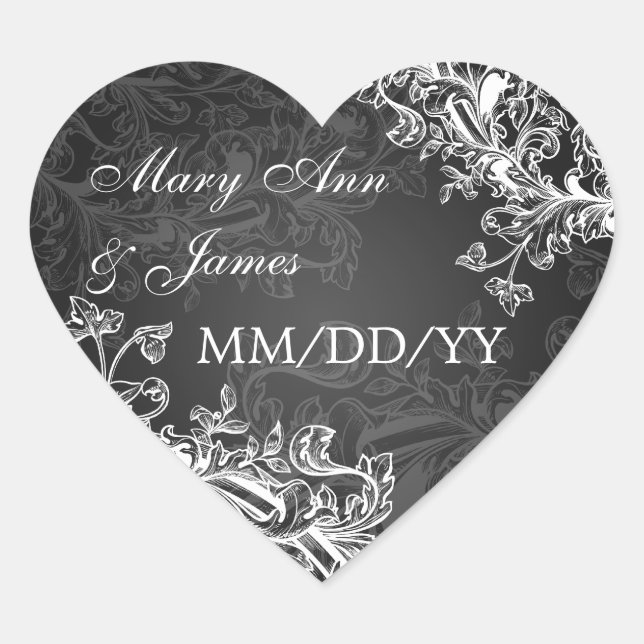 Elegant Wedding Date Vintage Swirls Black Heart Sticker (Front)