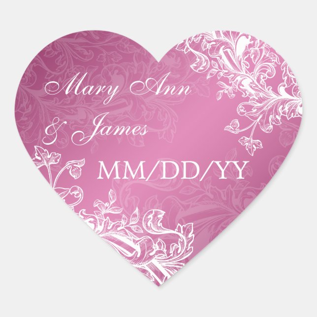 Elegant Wedding Date Vintage Swirls Pink Heart Sticker (Front)