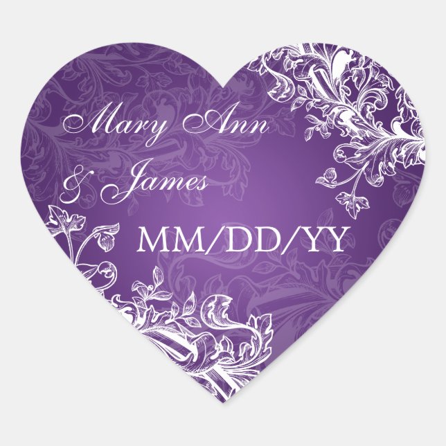 Elegant Wedding Date Vintage Swirls Purple Heart Sticker (Front)