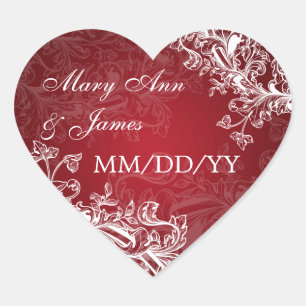 Elegant Wedding Date Vintage Swirls Red Heart Sticker