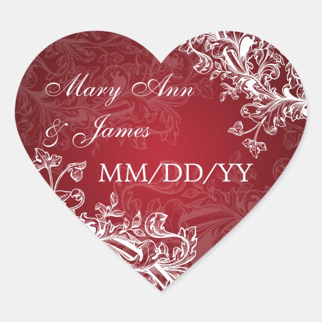 Elegant Wedding Date Vintage Swirls Red Heart Sticker (Front)