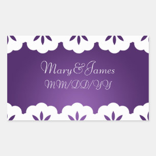 Elegant Wedding Date White Lace Purple Rectangular Sticker