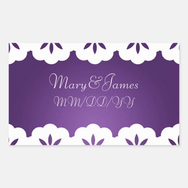 Elegant Wedding Date White Lace Purple Rectangular Sticker (Front)
