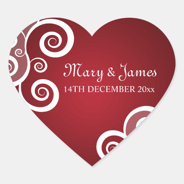 Elegant Wedding Date White Swirls Red Heart Sticker (Front)