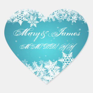 Elegant Wedding Date Winter Snowflakes Blue Heart Sticker