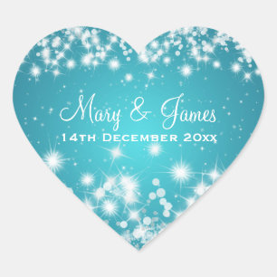 Elegant Wedding Date Winter Sparkle Blue Heart Heart Sticker