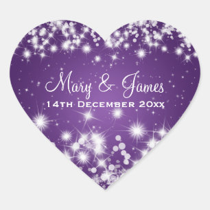 Elegant Wedding Date Winter Sparkle Purple Heart Heart Sticker
