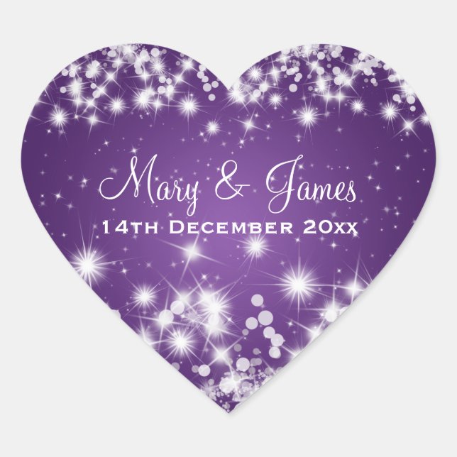 Elegant Wedding Date Winter Sparkle Purple Heart Heart Sticker (Front)
