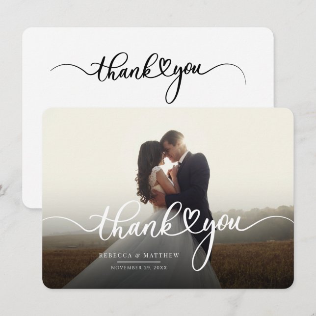 Elegant Wedding Day Photo Hand-Lettered Thank You Card (Front/Back)