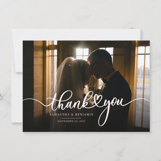 Elegant Wedding Day Photo Script Thank You Card (Front)