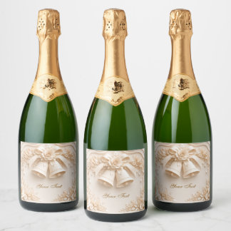 Elegant wedding design with bells and roses sparkling wine label