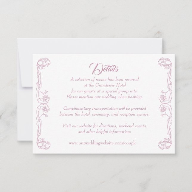 Elegant Wedding Details Card – Green Rose Filigree (Front)