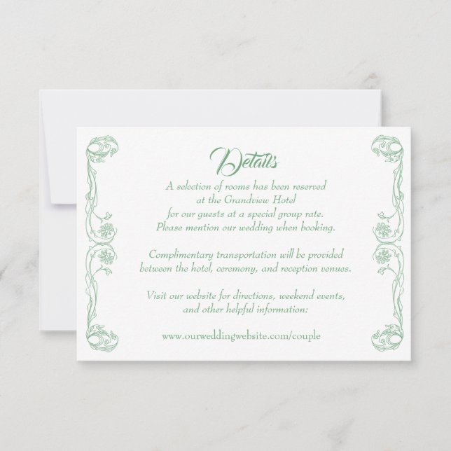 Elegant Wedding Details Card – Green Rose Filigree (Front)