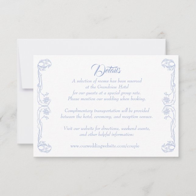 Elegant Wedding Details Card – Green Rose Filigree (Front)