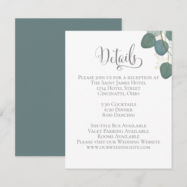 Elegant Wedding Details Green Eucalyptus Leaves Enclosure Card (Front/Back)