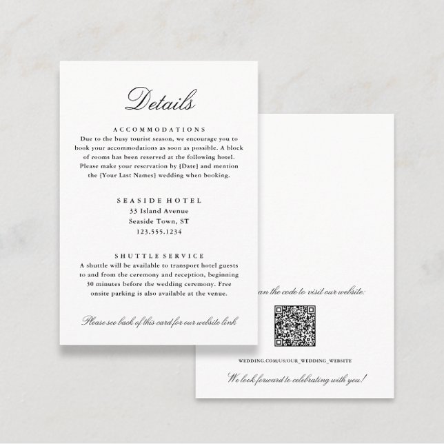 Elegant Wedding Details Hotel Info QR code Enclosure Card (Elegant Black and White Wedding Details Hotel Info QR code Enclosure Card from Coastal Map Designs)