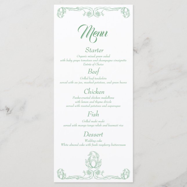 Elegant Wedding Dinner Menu – Green Rose Filigree (Front)