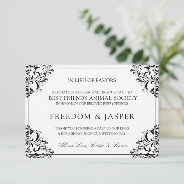 Elegant Wedding Donation Cards | Black (Standing Front)