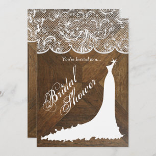 Elegant Wedding Dress and Lace on Barn Wood  Invitation